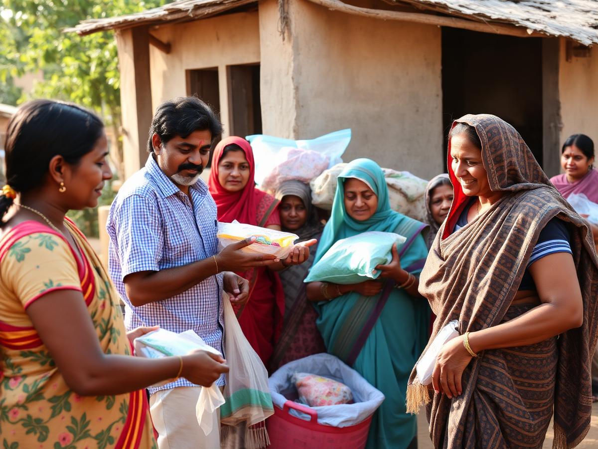 Volunteers distributing essential supplies to families in a village