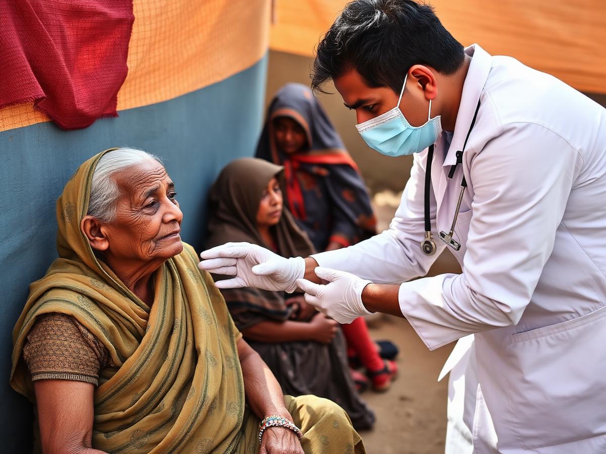A volunteer doctor attending to an elderly woman at a rural health camp